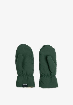 Vihreät toppatut tumput, joissa on pehmeä sisävuori, joustavat kalvosimet ja "Muumi"-etiketti. Sileä pinta ja pyöristetyt kärjet.