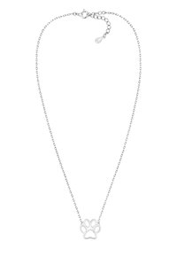 Silverfärgad kedjehalsband med en tassavtryckspendant, slät yta, öppen design och en låsning med justerbar längd.