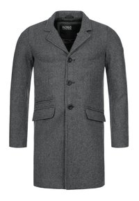 Manteau en mélange de laine grise au design moderne, avec un col à revers cranté, trois boutons, deux poches avant et une coupe droite.