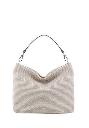 Beige woven hobo handbag with a single black handle and gold-tone clasps on a white background.