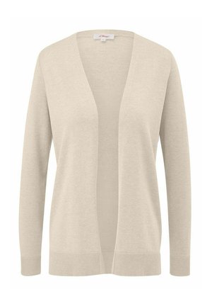 Beige Cardigan aus weichem Strickstoff, mit tiefem V-Ausschnitt, langen Ärmeln und gerippten Bündchen und Saum. Offenes Vorderdesign.