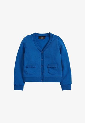 Blauwe, lange mouwen, vest met knopen, V-hals en twee voorzakken met ruches.