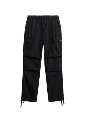 Pantalon cargo noir en tissu léger, doté de plusieurs poches latérales, d'une taille ajustable avec cordon de serrage, et de bas resserrés.