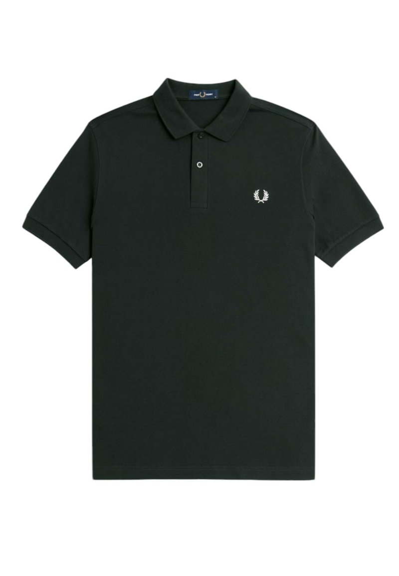 Svart polo tröja i bomull, med en tvåknappslång placket, korta ärmar och en liten vit broderad logotyp på bröstet.