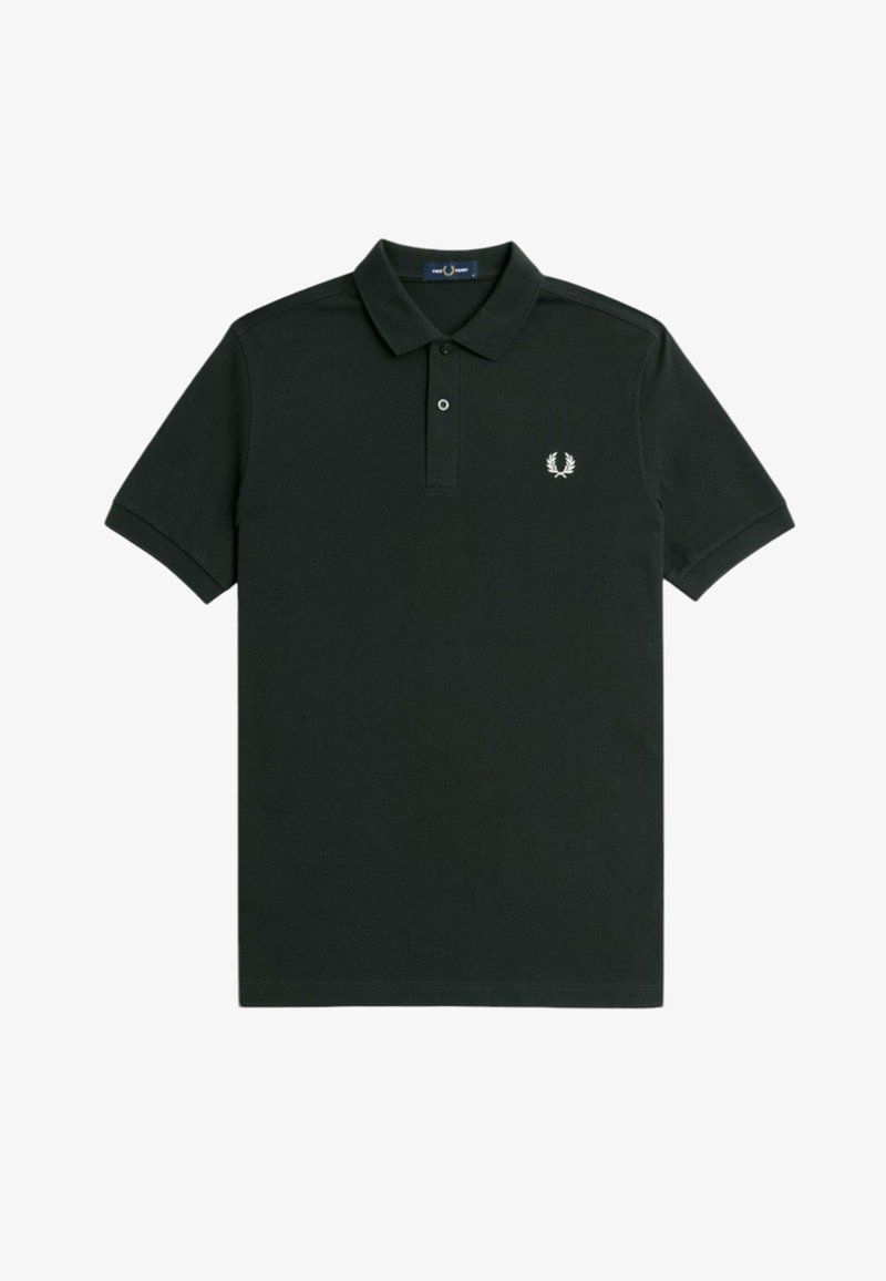 Svart polo tröja i bomull, med en tvåknappslång placket, korta ärmar och en liten vit broderad logotyp på bröstet.