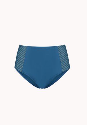 Hoge taille bikini onderkant in blauw met textuur, gestreepte mesh zijpanelen. Glad materiaal met een aansluitend ontwerp voor comfort en ondersteuning.
