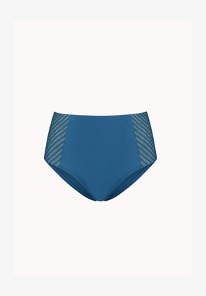 Hoge taille bikini onderkant in blauw met textuur, gestreepte mesh zijpanelen. Glad materiaal met een aansluitend ontwerp voor comfort en ondersteuning.