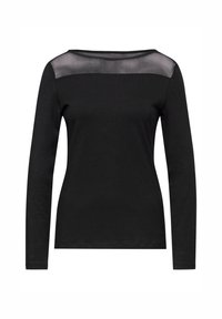 Top nero a maniche lunghe con un pannello in rete trasparente nera sulle spalle. Il tessuto appare liscio con una silhouette aderente.