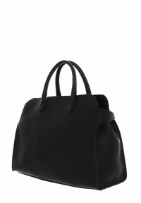 Sac à main en cuir noir au design structuré, avec deux poignées arrondies et une texture lisse. Présente une silhouette triangulaire et aucun élément en métal visible.