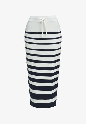 Gestrickter Bleistiftrock mit horizontalen schwarzen und weißen Streifen, geripptem Bund und weißem Kordelzug an der Taille.