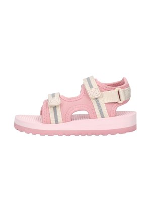 Pink open-toe sandal with two adjustable beige straps featuring gray stripes and a thick textured sole.