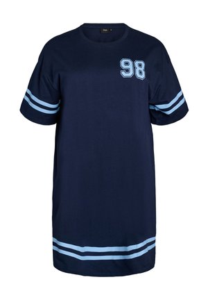 Tumši zils īss piedurkņu kleita ar gaiši zilām dubultajām svītrām uz piedurknēm un apakšmalu, kā arī ar uzdrukātu numuru 98 uz krūšu augšdaļas.