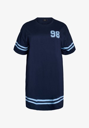 Tumesinise lühikeste varrukatega kleit, mille varrukatel ja äärel on helesinised topelttriibud ning ülemisel rinnal number 98.