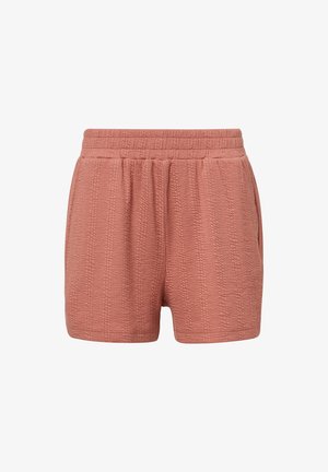 Shorts légers et texturés d'une couleur rose poussiéreux, avec une taille élastique et des poches latérales. Caractéristiques d'un design en tissu froissé.