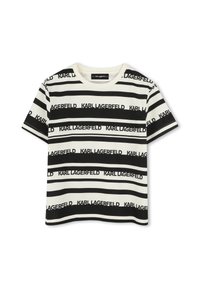 T-shirt en coton à manches courtes avec des rayures horizontales noires et blanches, arborant un logo répété "KARL LAGERFELD", col rond.