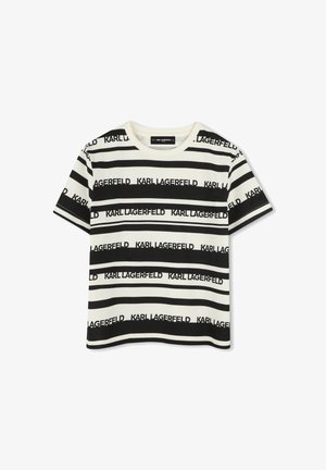 T-shirt in cotone a maniche corte con strisce orizzontali bianche e nere, caratterizzato da ripetute scritte "KARL LAGERFELD", scollatura rotonda.