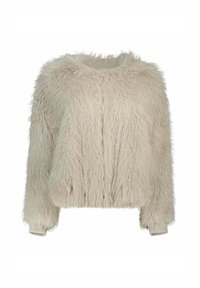 Maglione corto beige chiaro con una trama soffice, scollatura rotonda e polsini a costine. Presenta una chiusura con zip frontale e materiale morbido e peloso.