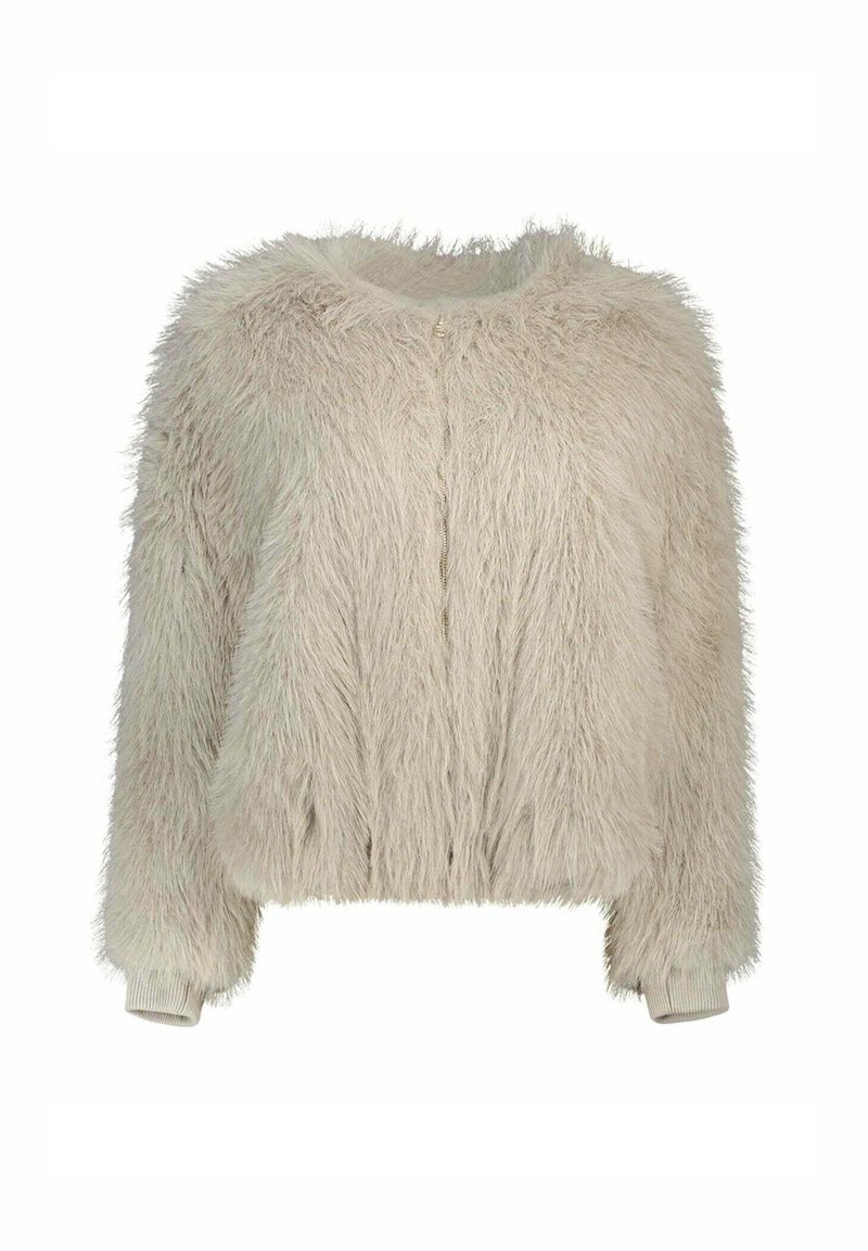 Maglione corto beige chiaro con una trama soffice, scollatura rotonda e polsini a costine. Presenta una chiusura con zip frontale e materiale morbido e peloso.
