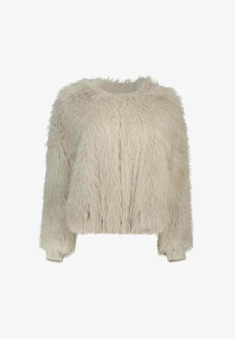 Maglione corto beige chiaro con una trama soffice, scollatura rotonda e polsini a costine. Presenta una chiusura con zip frontale e materiale morbido e peloso.