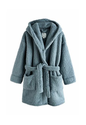 Světlomodrý, nadýchaný fleecový župan s kapucí, páskem v pase a dvěma předními kapsami; texturovaný povrch s jemným vzhledem.