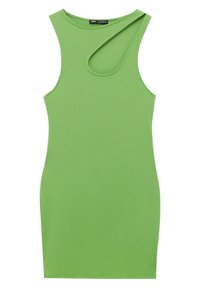 Bezrękawna zielona mini sukienka o prążkowanej teksturze, z asymetrycznym wycięciem na ramieniu i dopasowanym krojem.