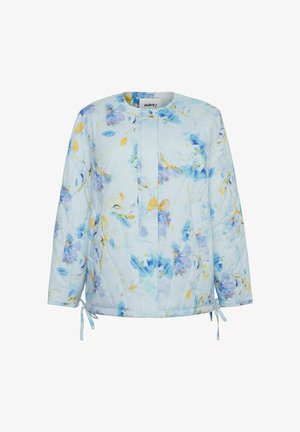 Viegli sinīgs džemperis ar ziedu rakstiem zilu un dzeltenu toņu. Iekļauj saites apakšmalā un apaļu kakla izgriezumu.