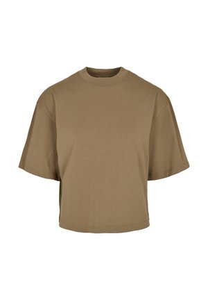 Korte mouwen, verkorte t-shirt in khaki. Gemaakt van zachte katoen, heeft een ronde halslijn en een ontspannen pasvorm met verlaagde schouders.