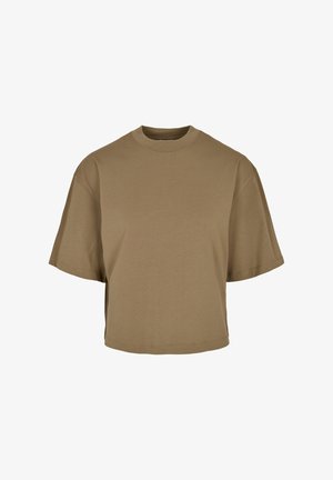 Korte mouwen, verkorte t-shirt in khaki. Gemaakt van zachte katoen, heeft een ronde halslijn en een ontspannen pasvorm met verlaagde schouders.