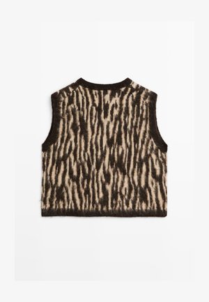Furry ærmeløs vest med et beige og mørkebrunt stribet mønster, struktureret overflade og rund halsudskæring.