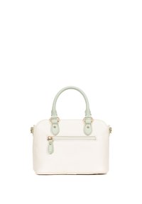 Borsa bianca realizzata in materiale sintetico testurizzato, con accenti verde menta, doppi manici e una tasca frontale con zip e hardware oro.