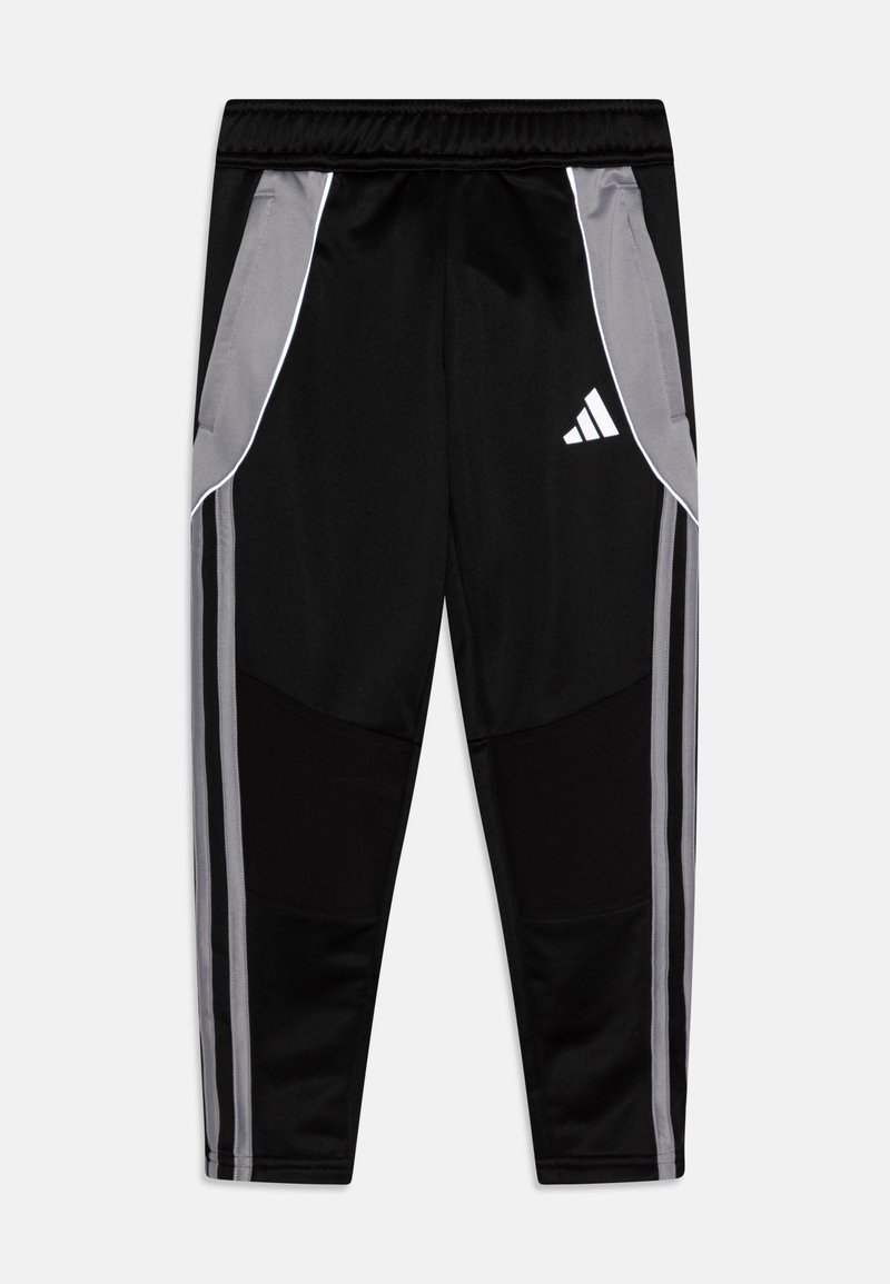 Black track pants with gray accents. Features side pockets, elastic waistband, and contrasting stripes along the sides. Adidas logo included.