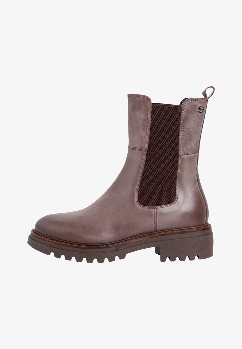 Bottine en cuir marron avec un panneau élastique texturé marron foncé, un bout rond et une semelle épaisse à bord cranté.