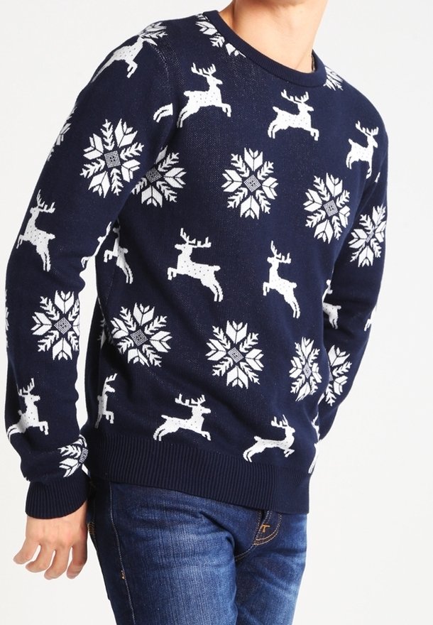 Pull bleu marine avec motifs blancs de rennes et de flocons de neige porté par une personne habillée d’un jean bleu.