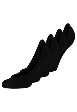 Schwarze Fußschläfer aus glattem Stoff, mit einem tiefen Schnitt und nahtlosen Kanten für einen eleganten Sitz. Vier Paare angezeigt.
