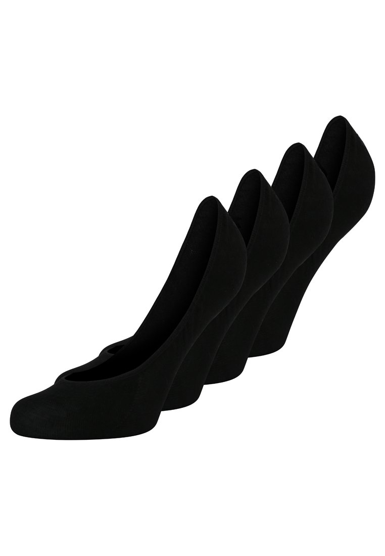 Pantofole nere in un tessuto liscio, caratterizzate da un design a bassa scollatura e bordi senza cuciture per una vestibilità elegante. Quattro paia esposti.