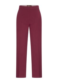 Bordowe spodnie o dopasowanym kroju z prostymi nogawkami, charakteryzujące się gładką teksturą i czystymi fałdami z przodu. Brak widocznych kieszeni i ozdobników.