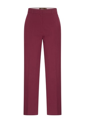 Pantalones burgundy a medida con corte recto, que presentan una textura suave y pliegues frontales limpios. Sin bolsillos visibles ni adornos.