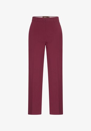 Burgundy tailored trousers with a straight leg cut, featuring a smooth texture and clean front pleats. No visible pockets or embellishments.