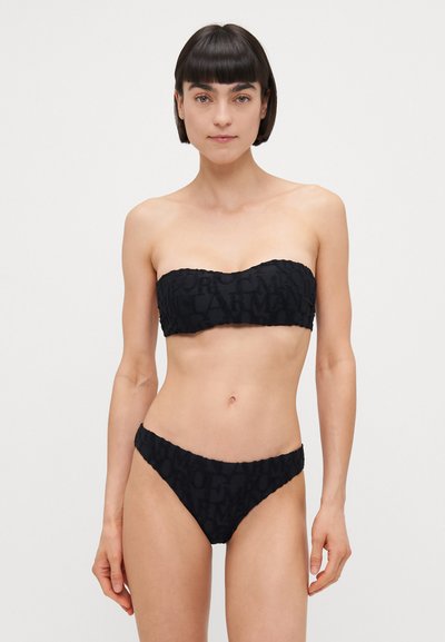 Black bandeau bikini with textured fabric featuring brand logo pattern. The top is strapless and the bottom has a high-cut design.
