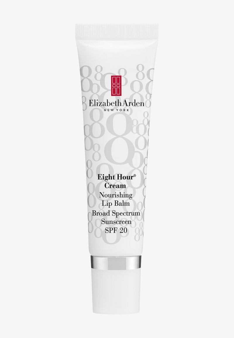 Biała tuba odżywczego balsamu do ust Elizabeth Arden Eight Hour Cream z filtrem SPF 20, ozdobiona szarymi ósemkami i czerwonym logo.