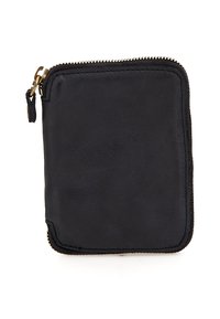 Portafoglio in pelle nera con angoli arrotondati e zip dorata su tre lati, su sfondo bianco.