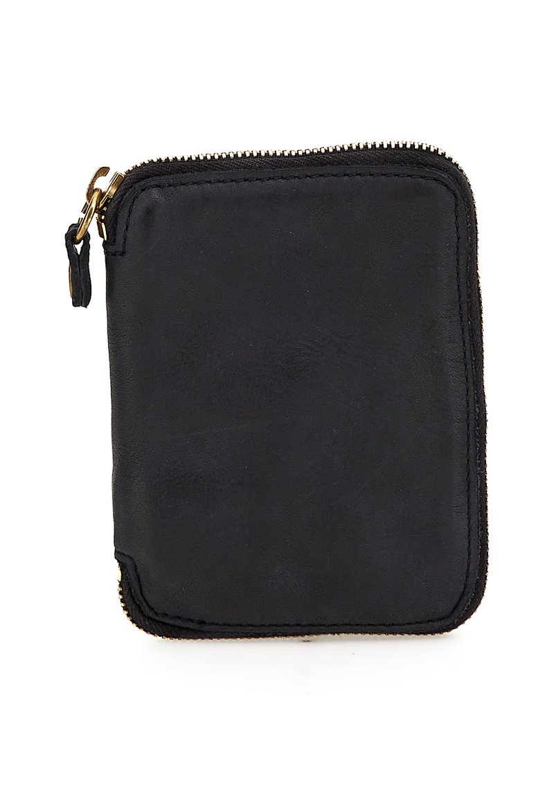 Portafoglio in pelle nera con angoli arrotondati e zip dorata su tre lati, su sfondo bianco.