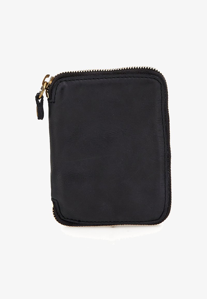 Portafoglio in pelle nera con angoli arrotondati e zip dorata su tre lati, su sfondo bianco.