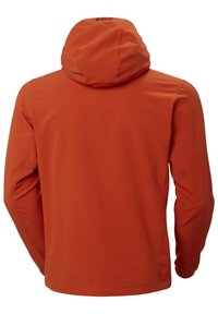 Chaqueta con capucha naranja de acabado liso y texturizado. Presenta puños elásticos, una silueta ajustada y detalles de costura reforzada.