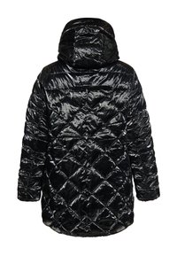 Jachetă puffer neagră cu un luciu glossy, având un model în carouri cu diamante, o glugă și manșete elastice. Vedere din spate, fără hardware vizibil.