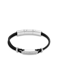 Bracelet en cuir tressé noir avec un fermoir métallique en argent. Présente une plaque en argent gravée "POLICE". Accents métalliques près du fermoir.