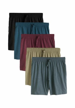 Five pairs of shorts in a gradient: black, teal, burgundy, olive, and gray. Made of lightweight fabric with an elastic waistband and drawstring.