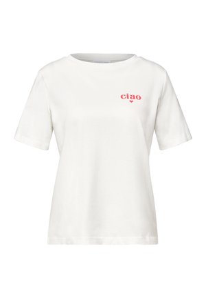 T-shirt blanc à manches courtes avec col rond et petit texte rouge « ciao » avec un cœur sur la poitrine gauche.