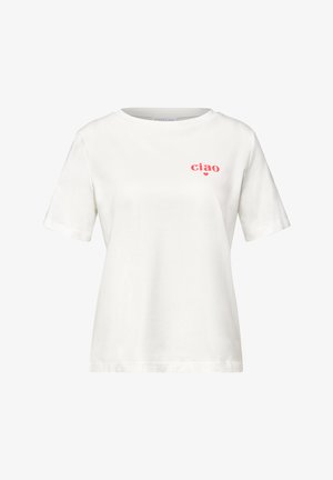 T-shirt blanc à manches courtes avec col rond et petit texte rouge « ciao » avec un cœur sur la poitrine gauche.