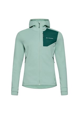 Hoodiejacke in hellmintgrün, mit einer dunkelgrünen Brusttasche, Reißverschluss und seitlichen Taschen. Glattes Material mit tailliertem Design.
